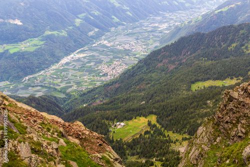 Mountain panorama with alpine hut Hochganghaus in Texel group, South Tyrol, Italy photo