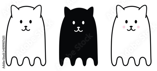 Cute Cartoon Ghost Cat Clipart Design with transparent Background for Sublimation - Outline, Silhouette & Color