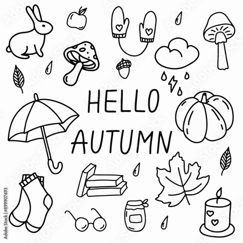 Creative Autumn-Themed Doodle Displaying Seasonal Items and Symbols for Fall