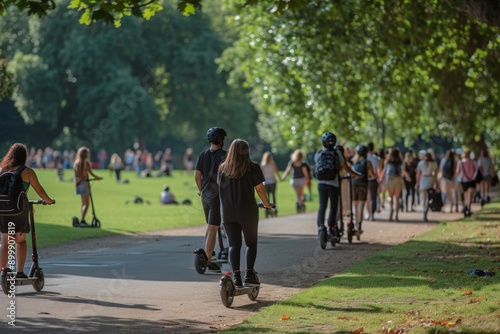 Wallpaper Mural A lively group of individuals enjoying a fun ride on Segways in a vibrant park setting, People trying out electric scooters in a park, AI Generated Torontodigital.ca