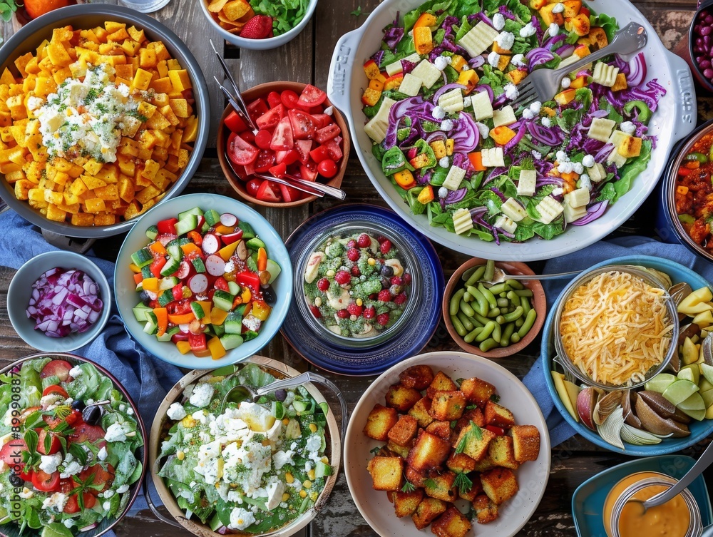 A vibrant collection of fresh salads and colorful vegetables in various bowls, perfect for health and nutrition themes. A vibrant collection of fresh salads and colorful vegetables in various bowls, perfect for health and nutrition themes.