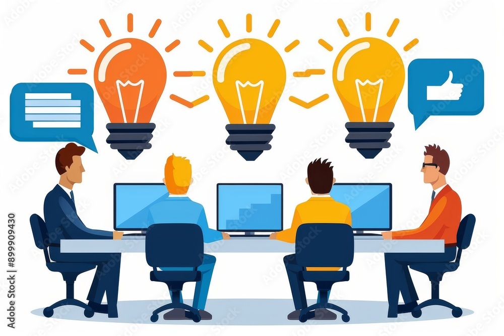 Illustration of a team brainstorming with light bulbs and charts symbolizing creativity teamwork and innovative ideas Illustration of a team brainstorming with light bulbs and charts symbolizing creativity teamwork and innovative ideas
