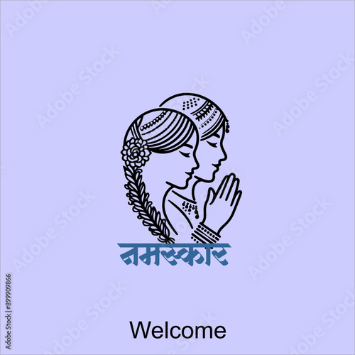 Indian women in traditional clothing with namaste hand, Welcoming design