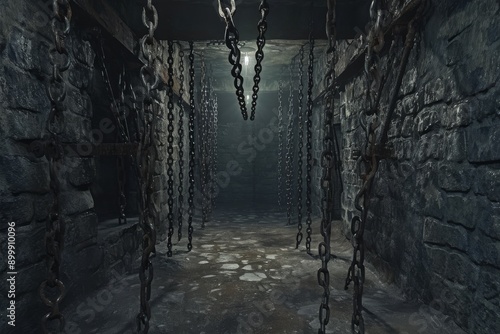 A dimly lit hallway with chains suspended from the ceiling, creating an eerie atmosphere, Petrifying dungeon with chains hanging from the walls, AI Generated photo