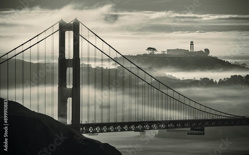 San Francisco Golden Gate Bridge with Alcatraz Island and cable cars