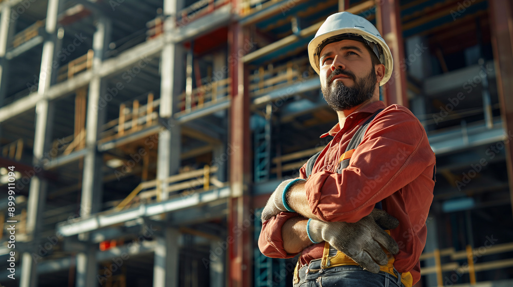 The Foreman's Resolve: A rugged construction foreman, adorned in safety gear, stands resolute against the backdrop of a burgeoning skyscraper, embodying the spirit of hard work and determination. The Foreman's Resolve: A rugged construction foreman, adorned in safety gear, stands resolute against the backdrop of a burgeoning skyscraper, embodying the spirit of hard work and determination.