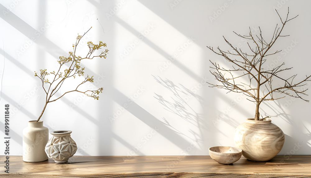 Tree twigs and decor on wooden table near white wall in room. Space for text Tree twigs and decor on wooden table near white wall in room. Space for text