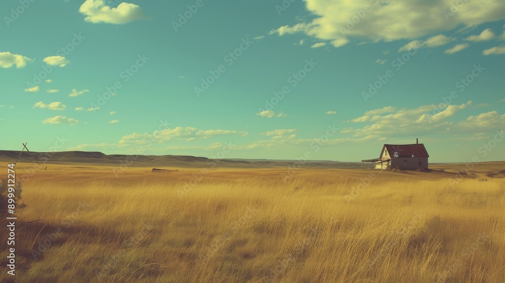 Fototapeta premium A lone house stands isolated in a vast golden prairie under a clear blue sky. The expansive landscape and scattered clouds create a peaceful and remote scene, evoking a sense of solitude and