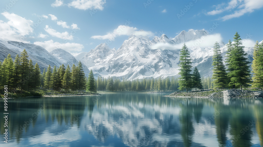 Mountain lake with snow-capped peaks and lush green forest. Mountain lake with snow-capped peaks and lush green forest.