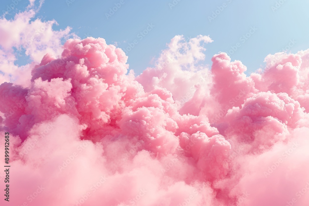 Fototapeta premium A pink cloud floats in the sky, contrasting against the serene blue sky in the background, Pink candyfloss clouds as a cheerful birthday background, AI Generated