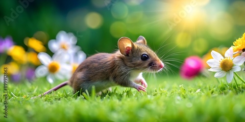 tiny mouse scurries across lush green lawn amidst vibrant flowers Generative AI, mouse, adventure, whimsical photo