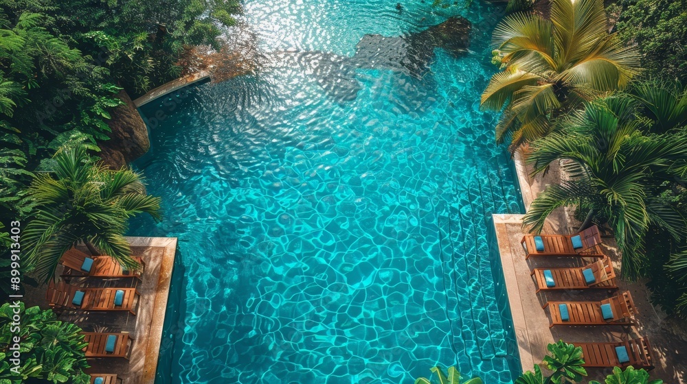 top view of the pool with clear blue water with sun beds nearby top view of the pool with clear blue water with sun beds nearby