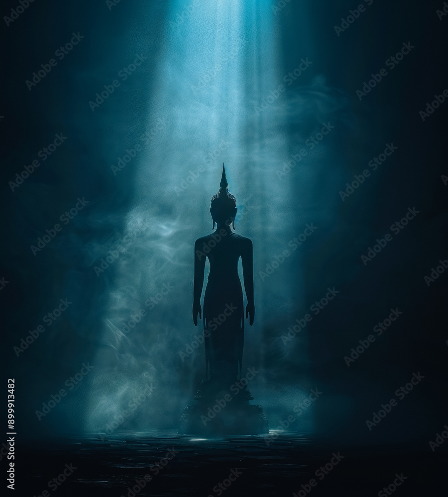 Obraz premium Ethereal Buddha: Mystical Light Rays. Buddha in foggy mist generated AI