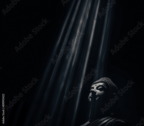 Ethereal Buddha: Mystical Light Rays. Buddha in foggy mist generated AI