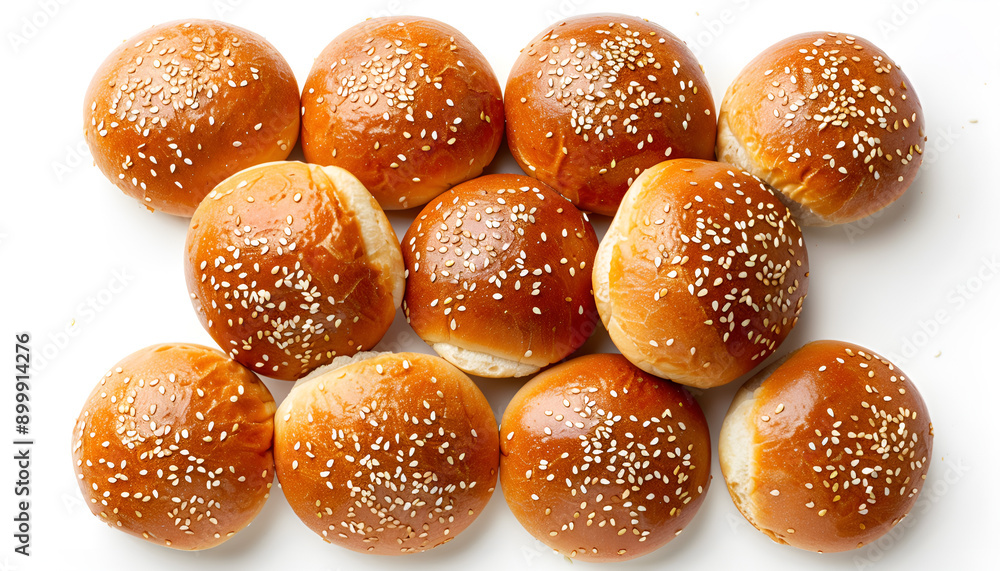 Fresh hamburger buns isolated on white, top view Fresh hamburger buns isolated on white, top view