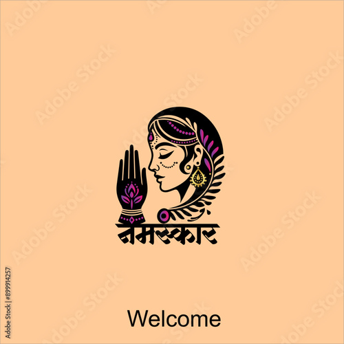 Indian women in traditional clothing with namaste hand, Welcoming design