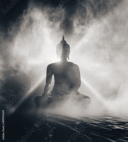 Ethereal Buddha: Mystical Light Rays. Buddha in foggy mist generated AI