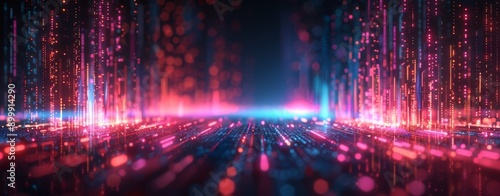 Abstract Digital background with glowing particles and lines symbolizing data transfer in cyberspace. Ideal for tech, AI, and graphics themes.