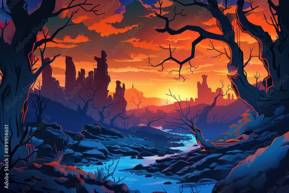 Desolate landscape with river and ruins under a setting sun Desolate landscape with river and ruins under a setting sun