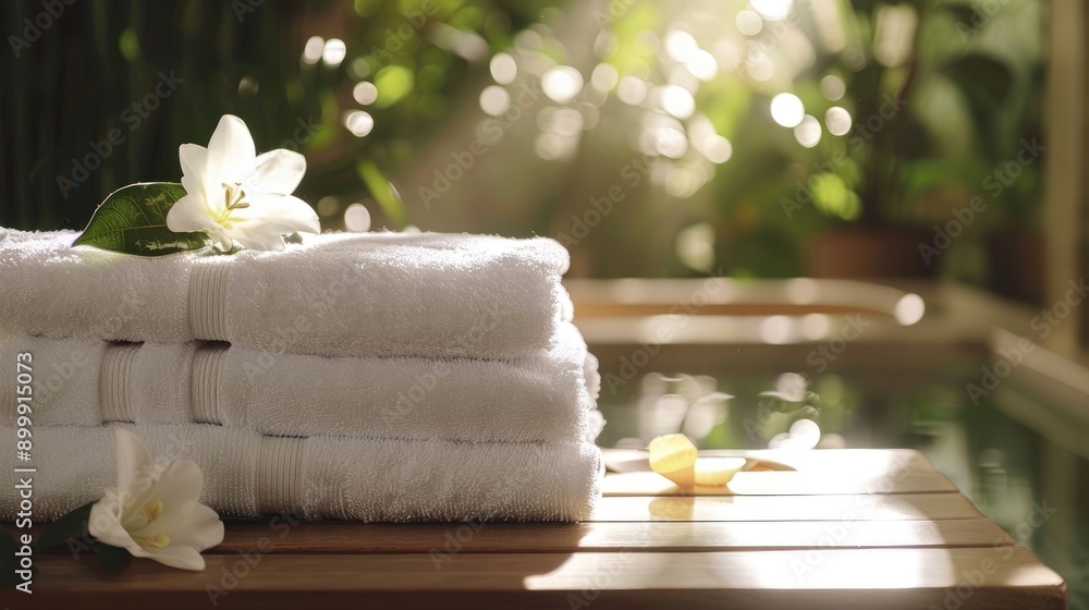 White towels stacked on wooden table in spa setting White towels stacked on wooden table in spa setting