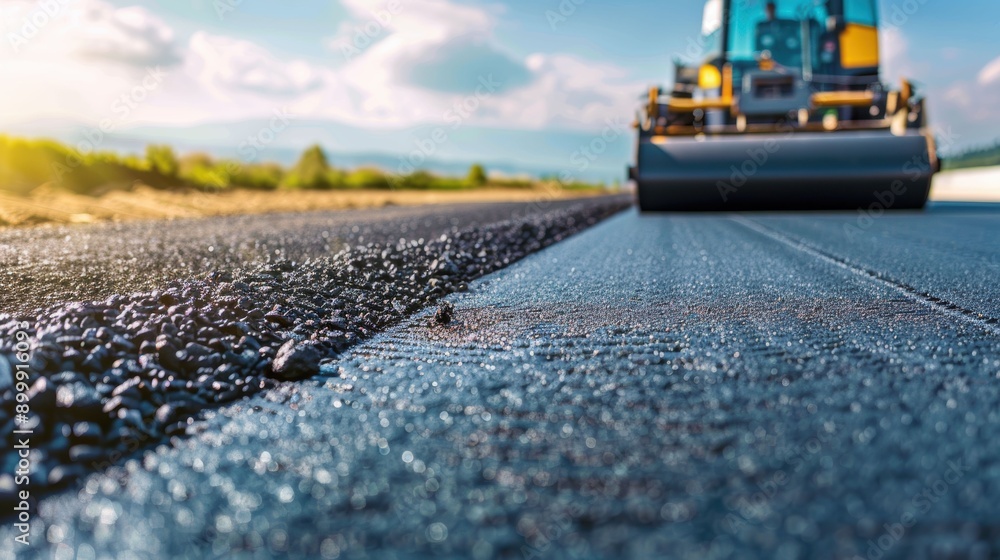 Freshly Laid Asphalt Road with a Roller in the Background Freshly Laid Asphalt Road with a Roller in the Background
