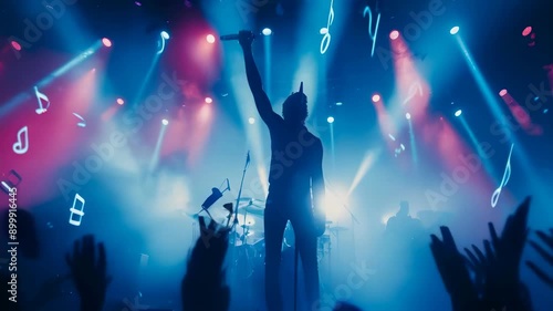 Wallpaper Mural A silhouette of a singer on stage holding a microphone with colorful lights illuminating the scene. Audience members cheer, making rock hand signs. The mood is energetic and lively at night. Torontodigital.ca