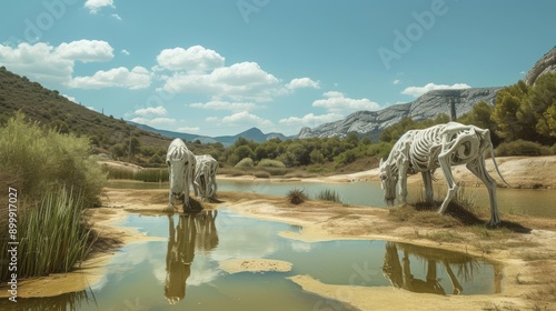 Surreal skeletal horse sculptures stand beside a reflective water surface in a natural landscape. The unique art installation contrasts starkly with the serene surroundings, creating an otherworldly photo