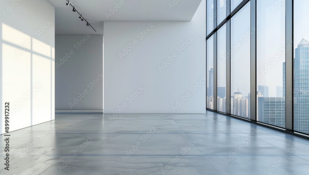 A large empty room with floor-to-ceiling windows overlooking the city, a white wall on one side and concrete A large empty room with floor-to-ceiling windows overlooking the city, a white wall on one side and concrete