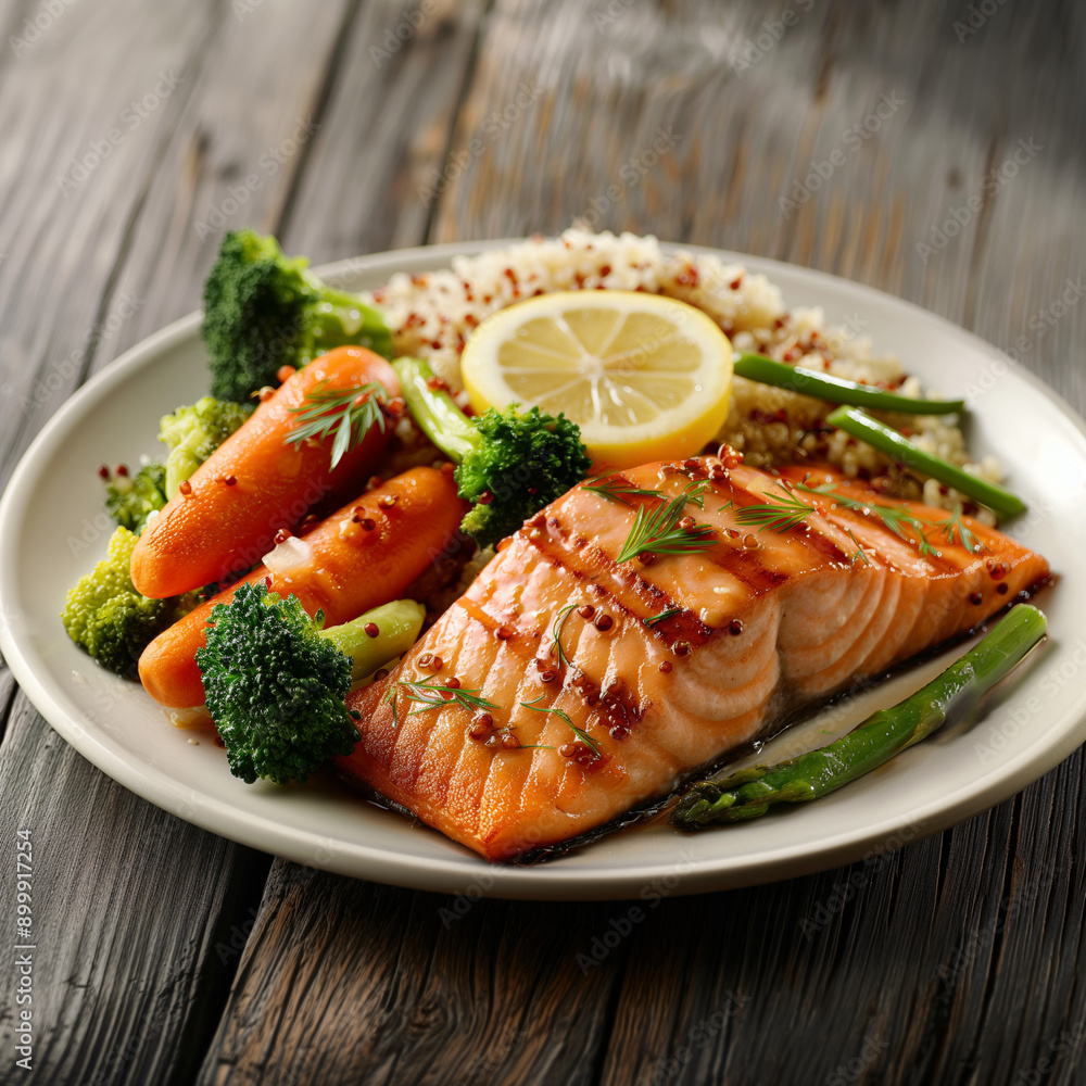 Grilled salmon with quinoa and vegetables, healthy meal. Grilled salmon with quinoa and vegetables, healthy meal.