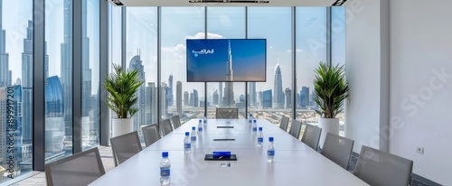 A large board room with a white table and chairs, tall glass windows overlooking the city of Dubai