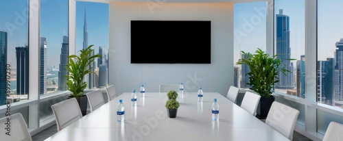 A large board room with a white table and chairs, tall glass windows overlooking the city of Dubai