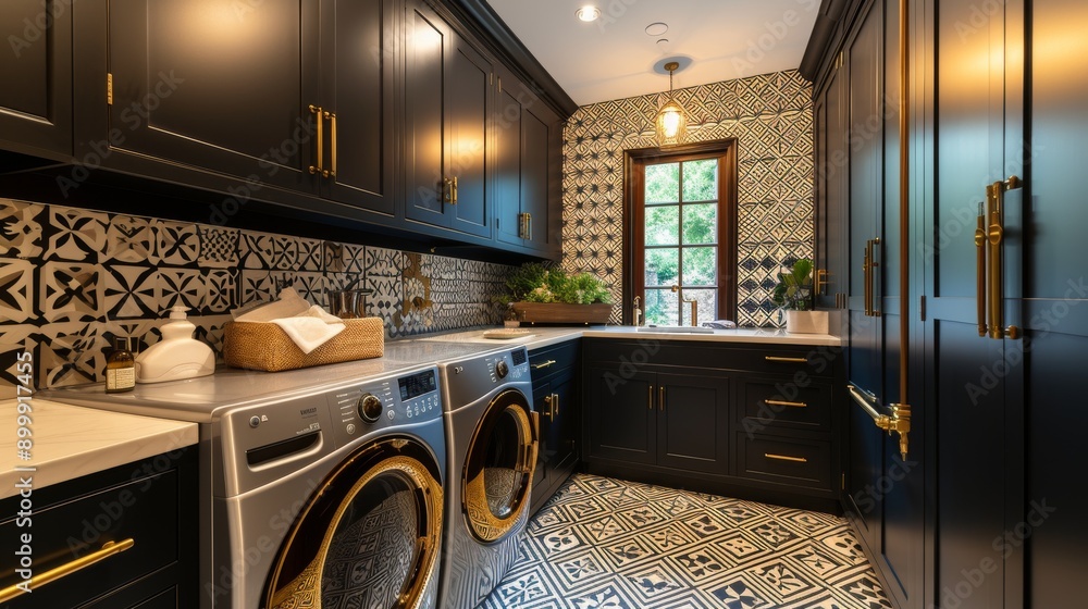 Dark and elegant laundry room featuring a patterned backsplash, black cabinets, and gold hardware. The room is equipped with modern appliances, ample storage, and decorative elements, creating a