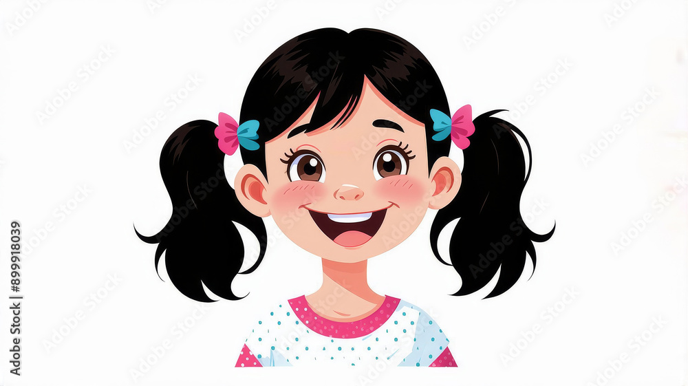 Cheerful Cartoon Girl with Pigtails and Colorful Bows - Child's Happy Smile Illustration Cheerful Cartoon Girl with Pigtails and Colorful Bows - Child's Happy Smile Illustration