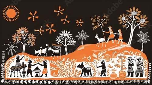Indian rural life in art painting. Warli painting showing Tribal Lifestyle. Modern painting, illustration, art, vector, drawing and wall painting.