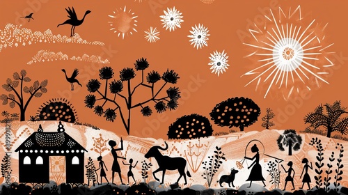 Indian rural life in art painting. Warli painting showing Tribal Lifestyle. Modern painting, illustration, art, vector, drawing and wall painting.