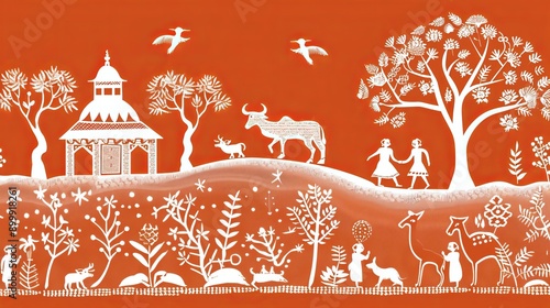 Indian rural life in art painting. Warli painting showing Tribal Lifestyle. Modern painting, illustration, art, vector, drawing and wall painting.