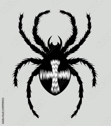 A black silhouette of a spider with a cross on its back isolated on white. Vector Illustration