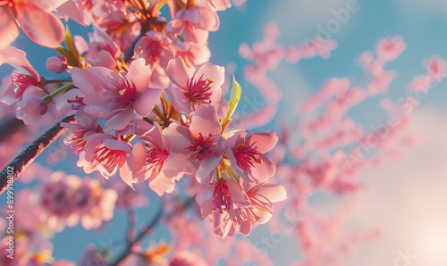 Delicate cherry blossoms in full bloom, their pink petals contrasting beautifully against the blue sky © Valentyna