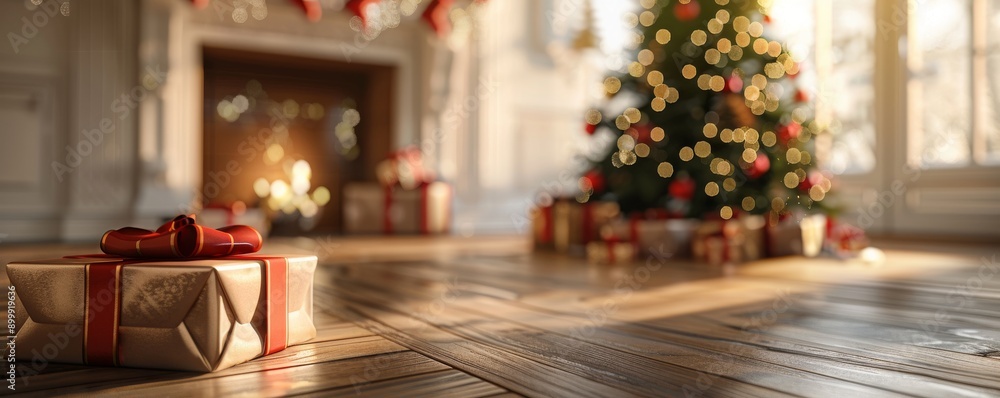 Christmas background with fireplace, decorated tree, and wrapped presents in cozy living room Christmas background with fireplace, decorated tree, and wrapped presents in cozy living room