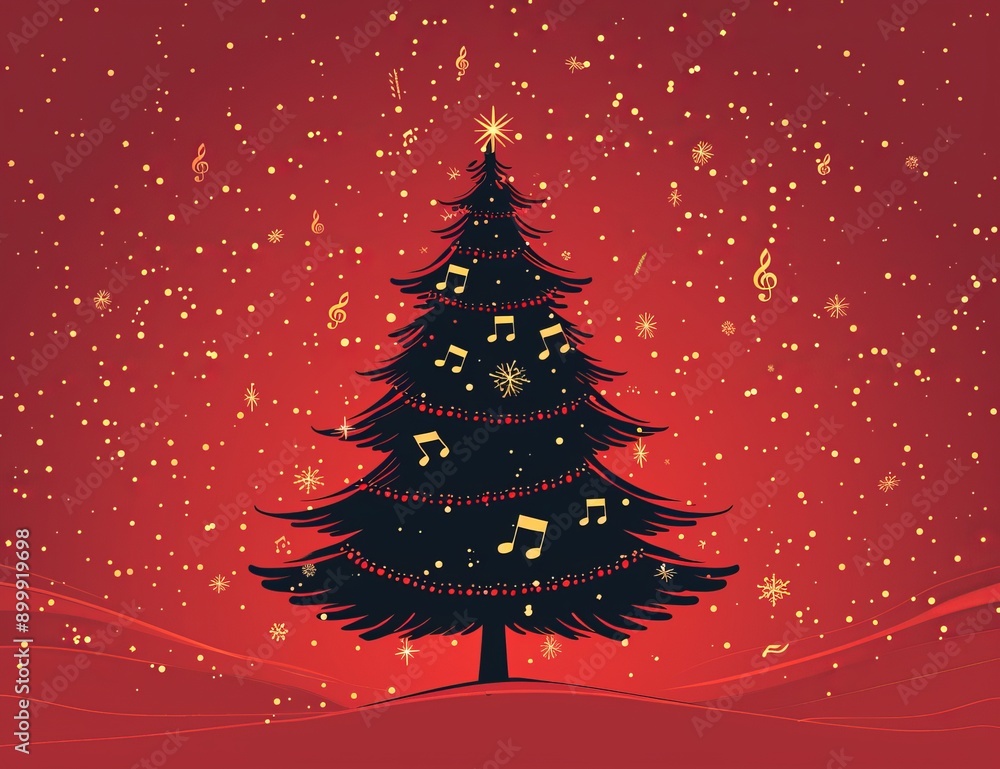 Christmas tree with musical notes on red background symbolizing festive holiday spirit Christmas tree with musical notes on red background symbolizing festive holiday spirit