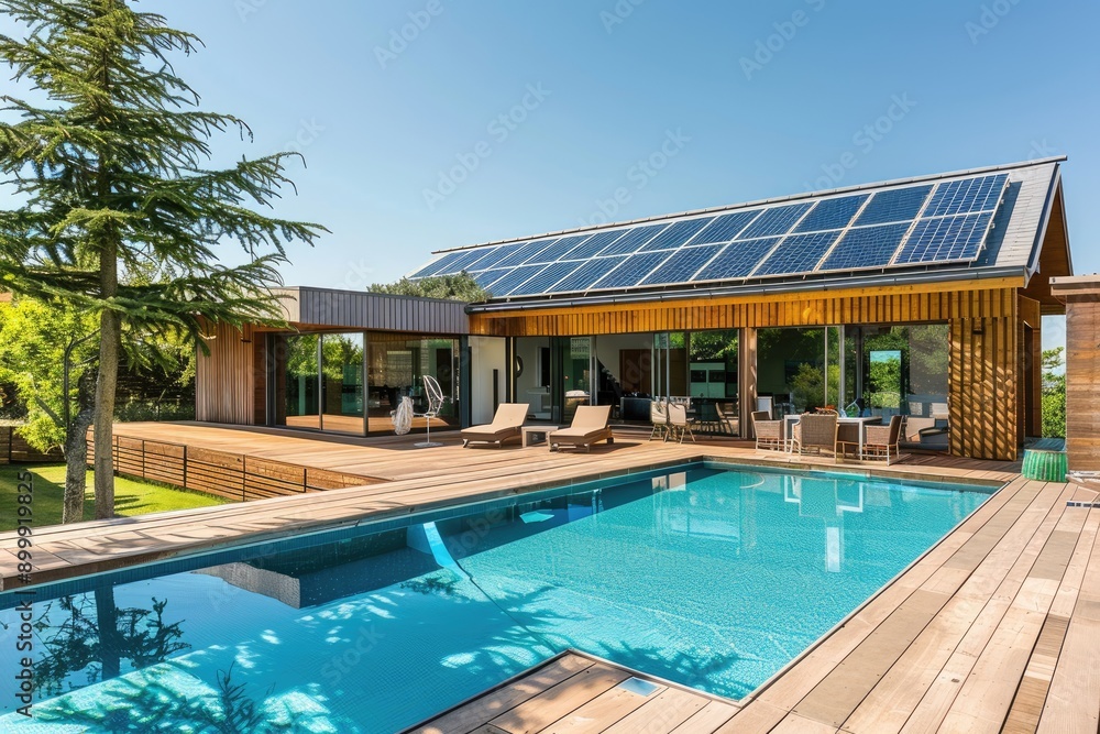 Fototapeta premium Modern house with solar panels and pool
