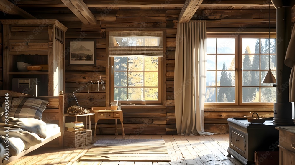 Naklejka premium Charming rustic kitchen with wood paneling and a bright, airy feel.