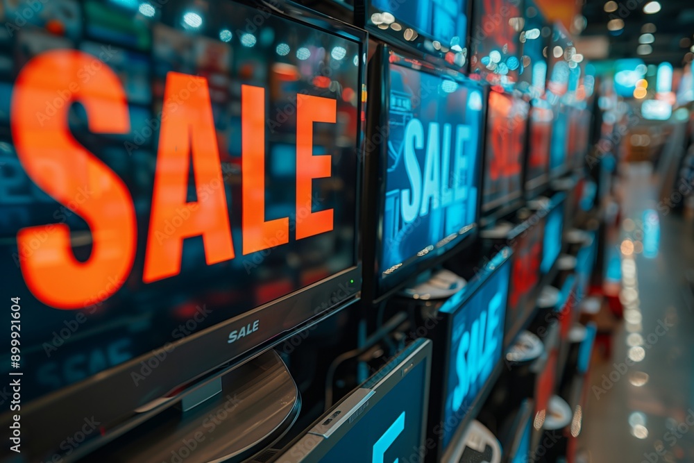 Obraz premium A row of televisions positioned in an electronics store, displaying a sale sign, with various models and brands available for purchase, attracting customers with great deals.