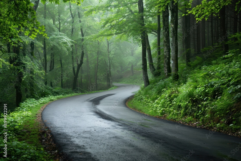 Obraz premium Serene winding road through lush green forest on a misty day, capturing the beauty and tranquility of nature