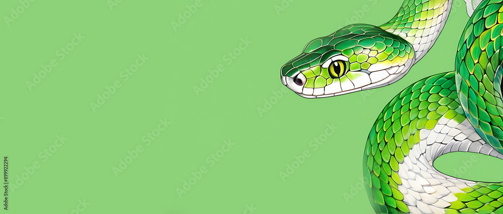 Fototapeta premium Illustration of a Green Snake, Symbol of the 2025 Chinese Zodiac Year of the Snake. Snake on solid background with copy space