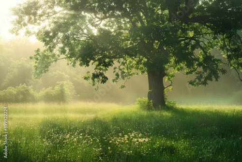 Serene landscape with single tree in meadow, surrounded by lush greenery and soft sunlight, peaceful atmosphere