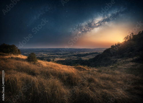 serene night scene with a vibrant sunset over a grassy hill, with a starry sky in the background. © i-element
