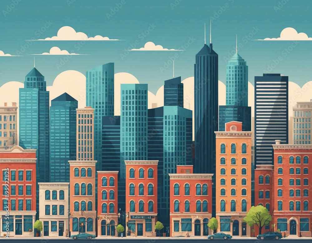 Fototapeta premium Urban building skyline panoramic - Flat Design Illustration - generated by ai