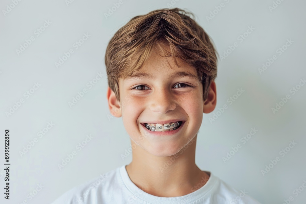 Smiling boy with braces on her teeth. Orthodontics and dental health Smiling boy with braces on her teeth. Orthodontics and dental health
