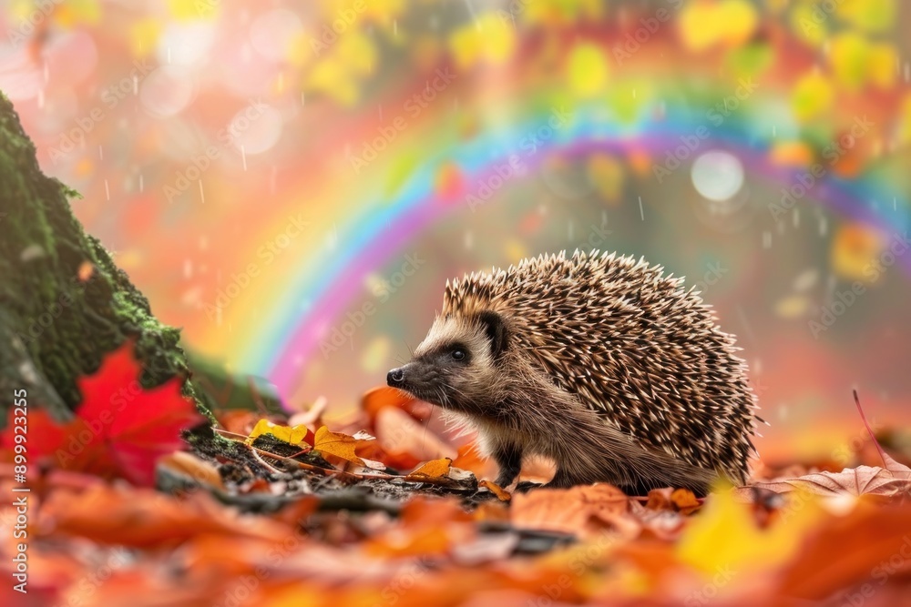 spiky hedgehog in nature forest after rain with vibrant autumn leaves and rainbow on background spiky hedgehog in nature forest after rain with vibrant autumn leaves and rainbow on background